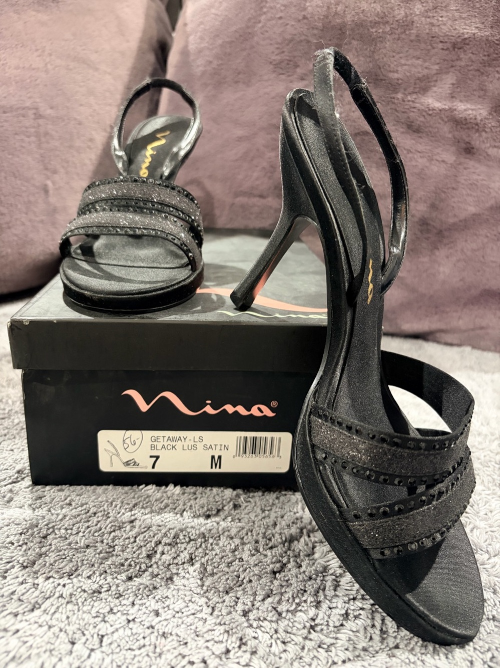 NIB Nina Getaway-LS Black Lustrous Satin Rhinestone Slingback Heels 7M